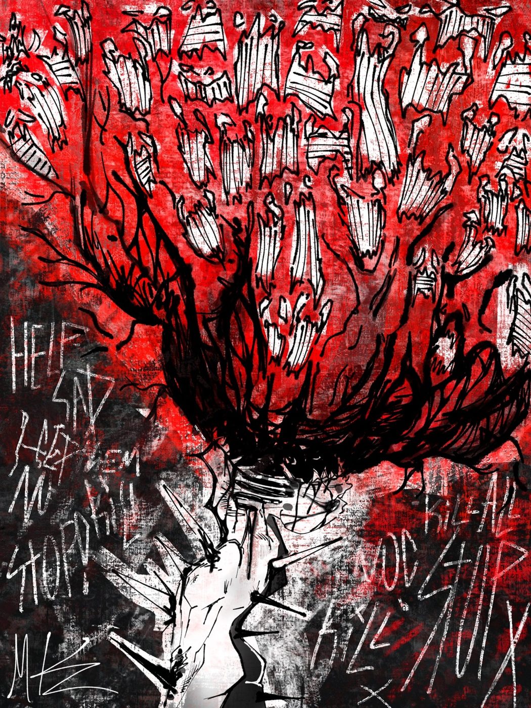 HELP, a raw red and black piece by Felipe Navarrette IV