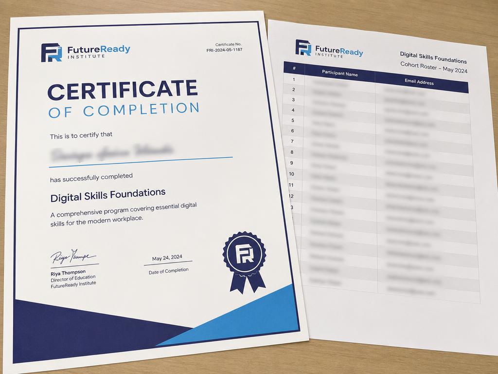 Printed certificate of completion beside a cohort roster sheet with names blurred
