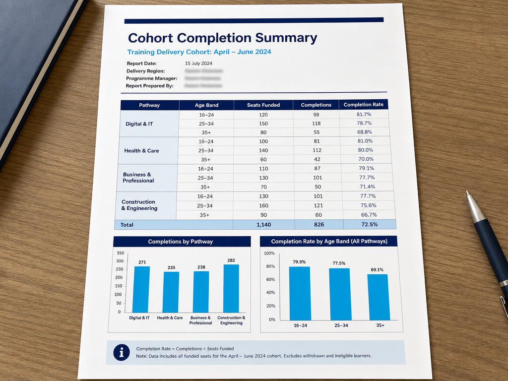 Printed cohort completion summary showing pathway, age band, seats funded, and completions