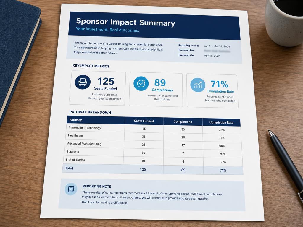 Printed sponsor impact summary one-pager showing seats funded, completions, and completion rate
